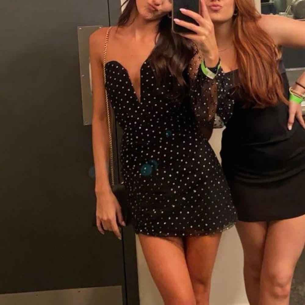 H:ours Behati Mini Dress, Black Polka Dot with Sheer One Sleeve